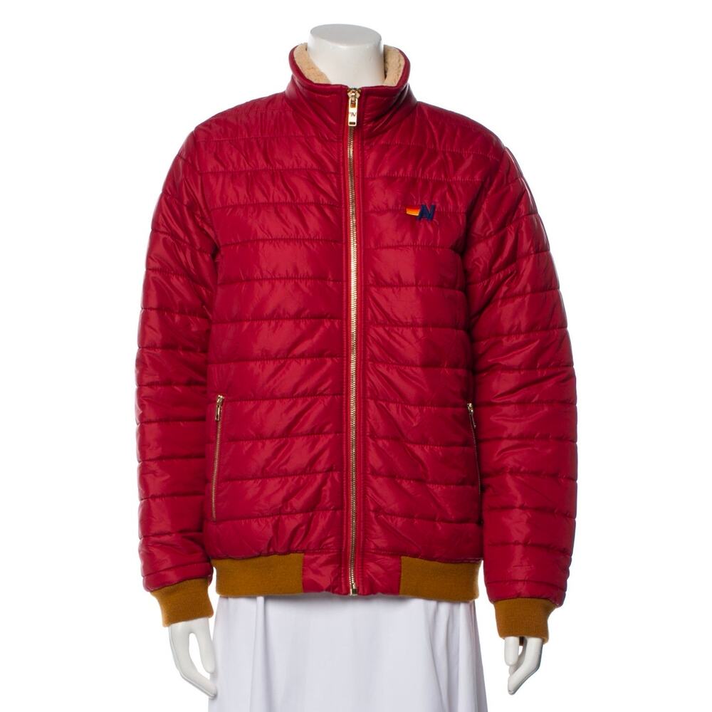 Aviator Nation Red Puffer Jacket with Rainbow Sunburst Back - Picture 2 of 9
